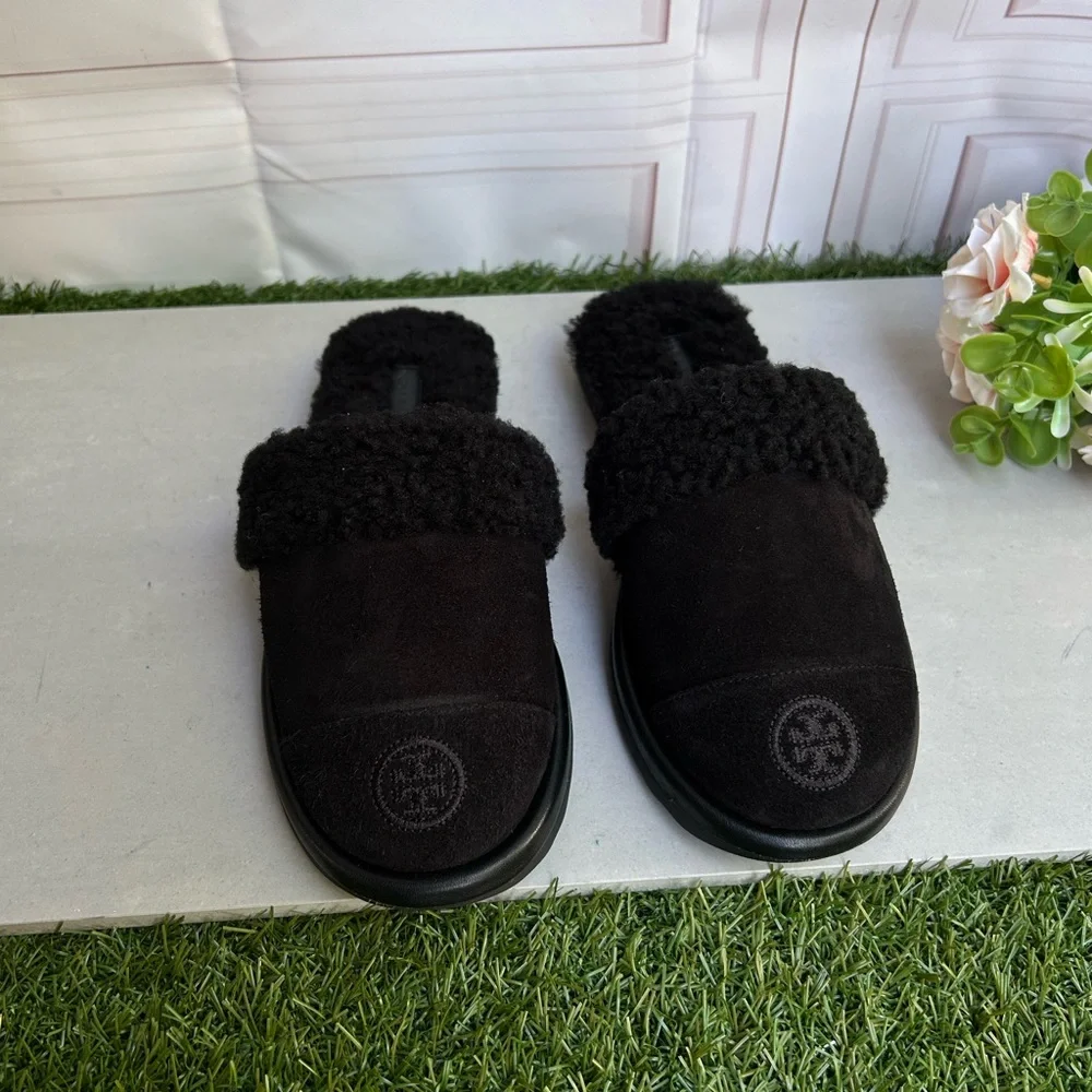Tory Burch SLIPPER Women's Black Suede & Shearling Slides size 6.5 New